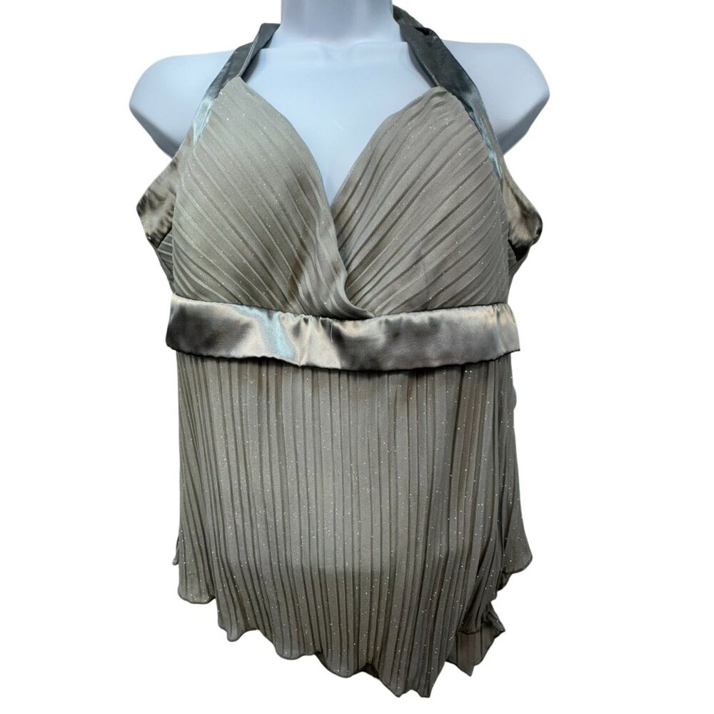 Studio 1940 Womens Halter Pleated Top Silver Sparkle Large Satin Tie Going Out
